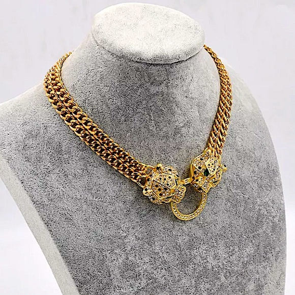 Gold Leopard Double Headed Exaggerated Statement Choker - Picture 3 of 15